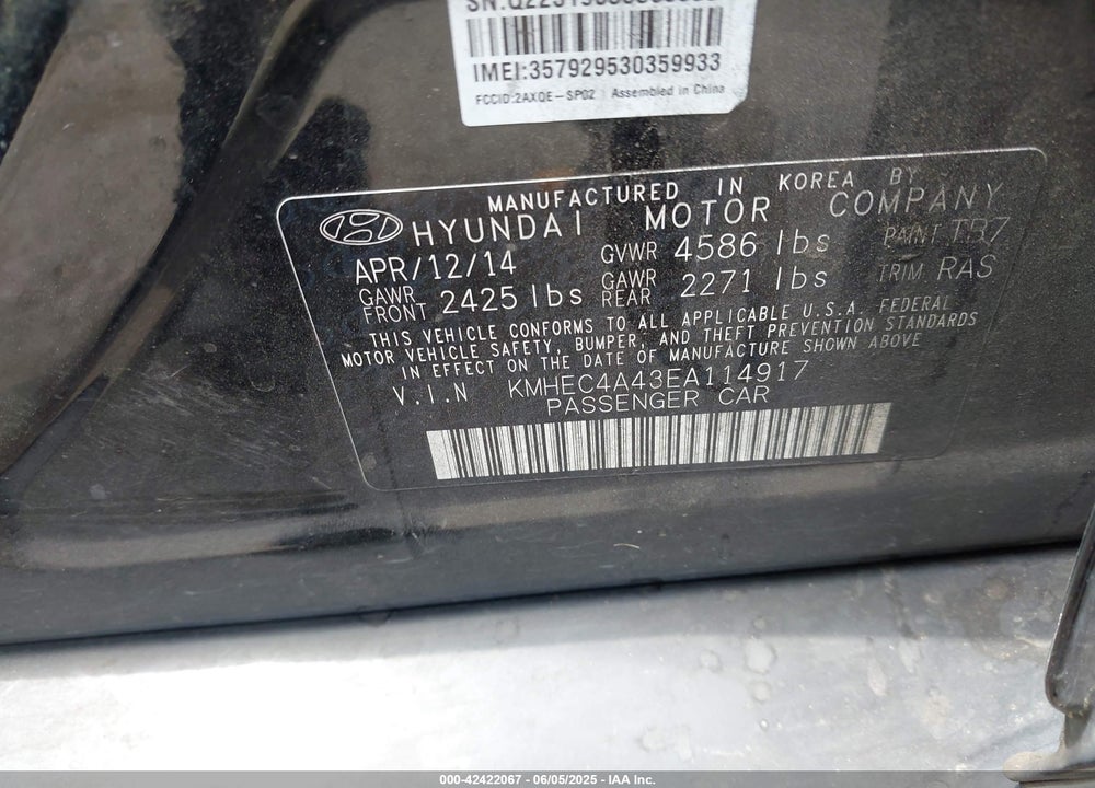 2014 HYUNDAI SONATA HYBRID VIN: KMHEC4A43EA114917