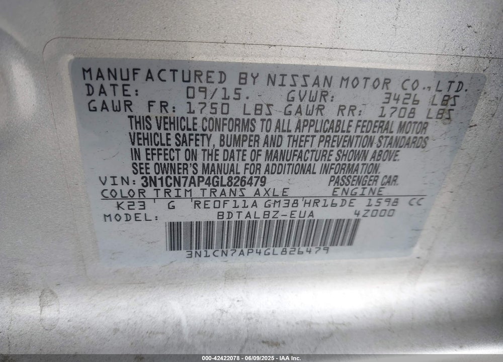 2016 NISSAN VERSA 1.6 SV VIN: 3N1CN7AP4GL826479