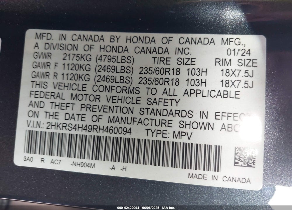 2024 HONDA CR-V VIN: 2HKRS4H49RH460094