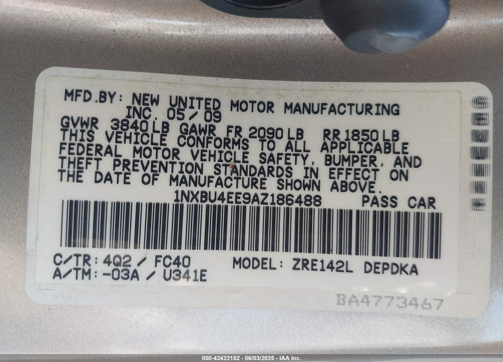 2010 TOYOTA COROLLA VIN: 1NXBU4EE9AZ186488