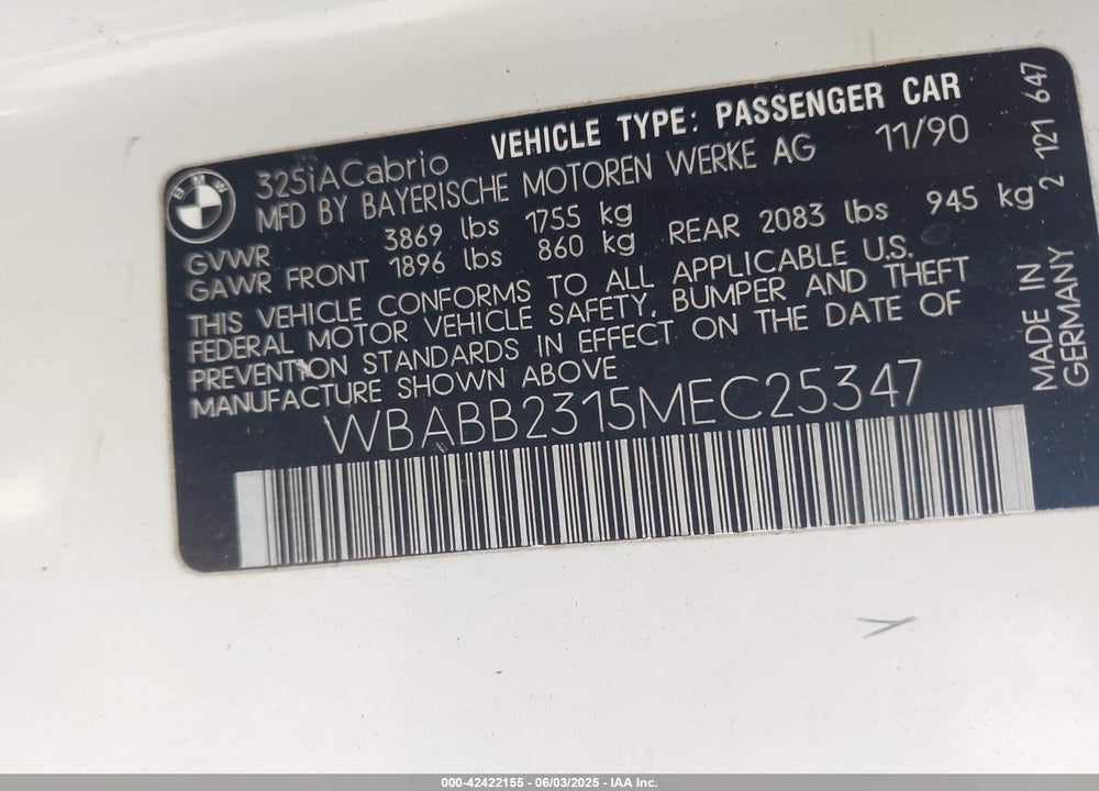 1991 BMW 325 IC AUTOMATIC VIN: WBABB2315MEC25347