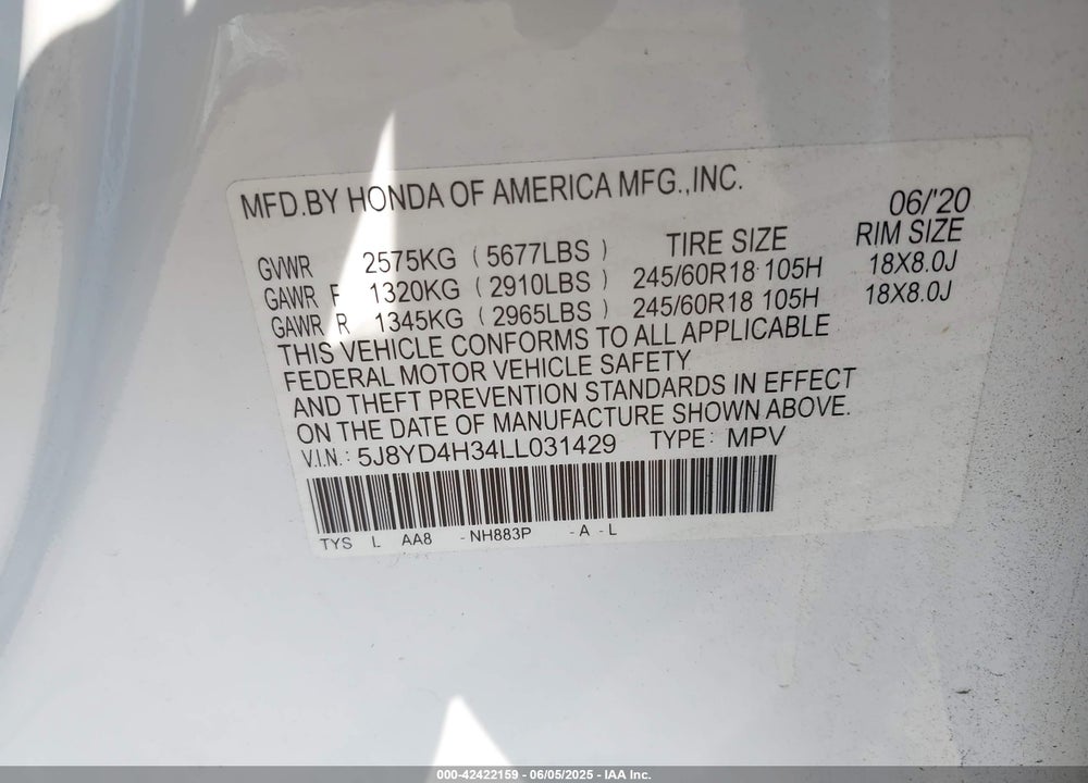 2020 ACURA MDX STANDARD VIN: 5J8YD4H34LL031429