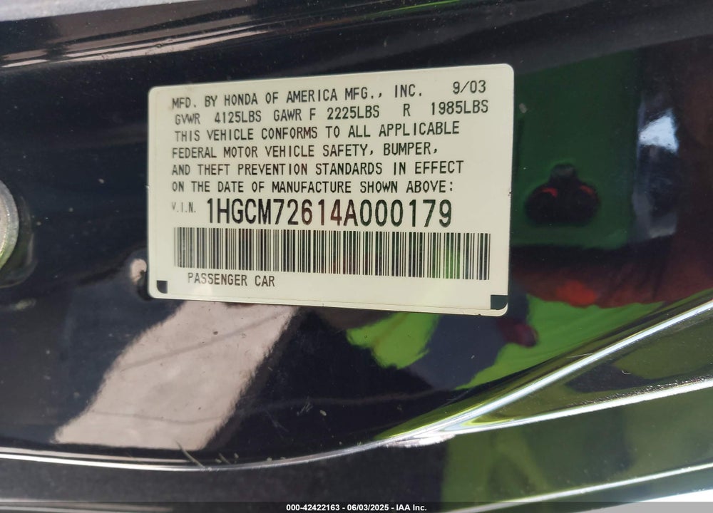 2004 HONDA ACCORD 2.4 EX VIN: 1HGCM72614A000179