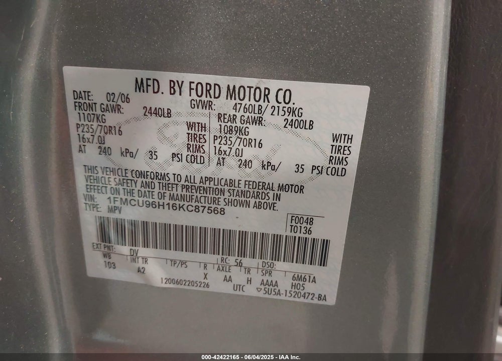 2006 FORD ESCAPE HYBRID VIN: 1FMCU96H16KC87568