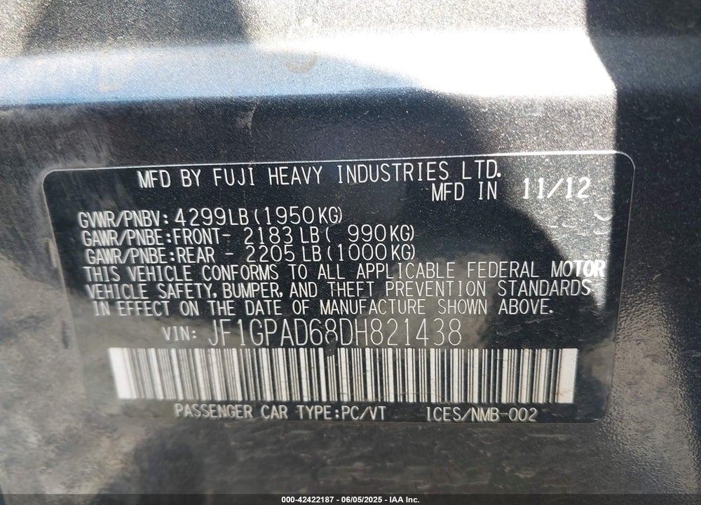 2013 SUBARU IMPREZA VIN: JF1GPAD68DH821438