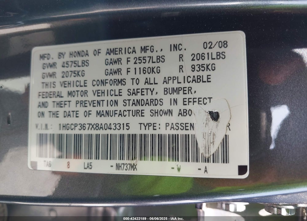 2008 HONDA ACCORD 3.5 EX VIN: 1HGCP367X8A043315