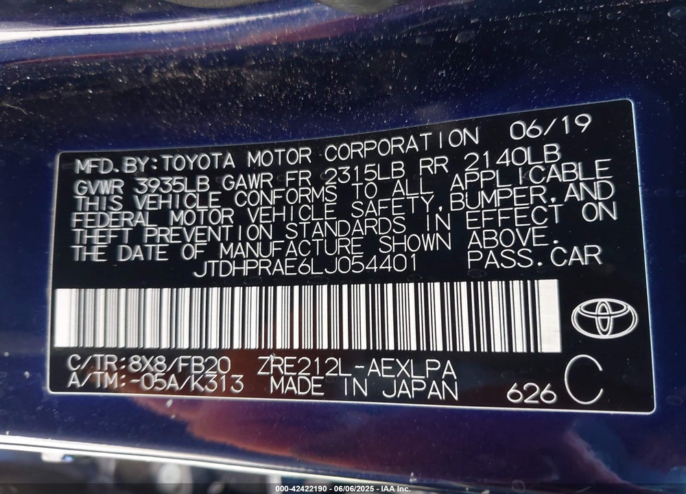 2020 TOYOTA COROLLA VIN: JTDHPRAE6LJ054401
