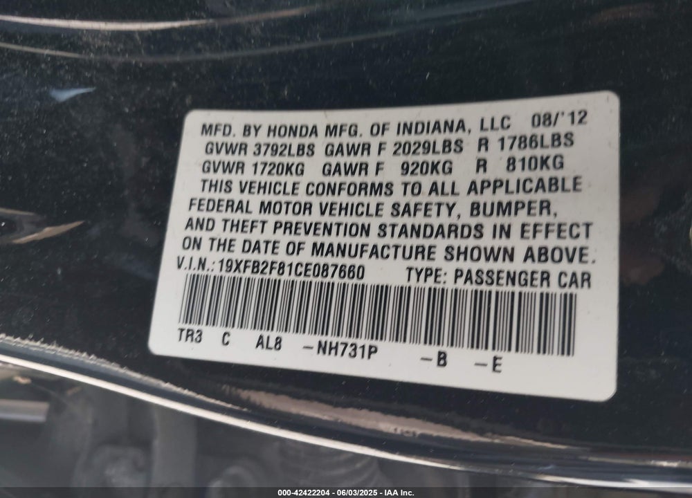 2012 HONDA CIVIC VIN: 19XFB2F81CE087660