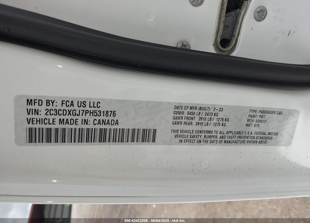 2023 DODGE CHARGER VIN: 2C3CDXGJ7PH531876