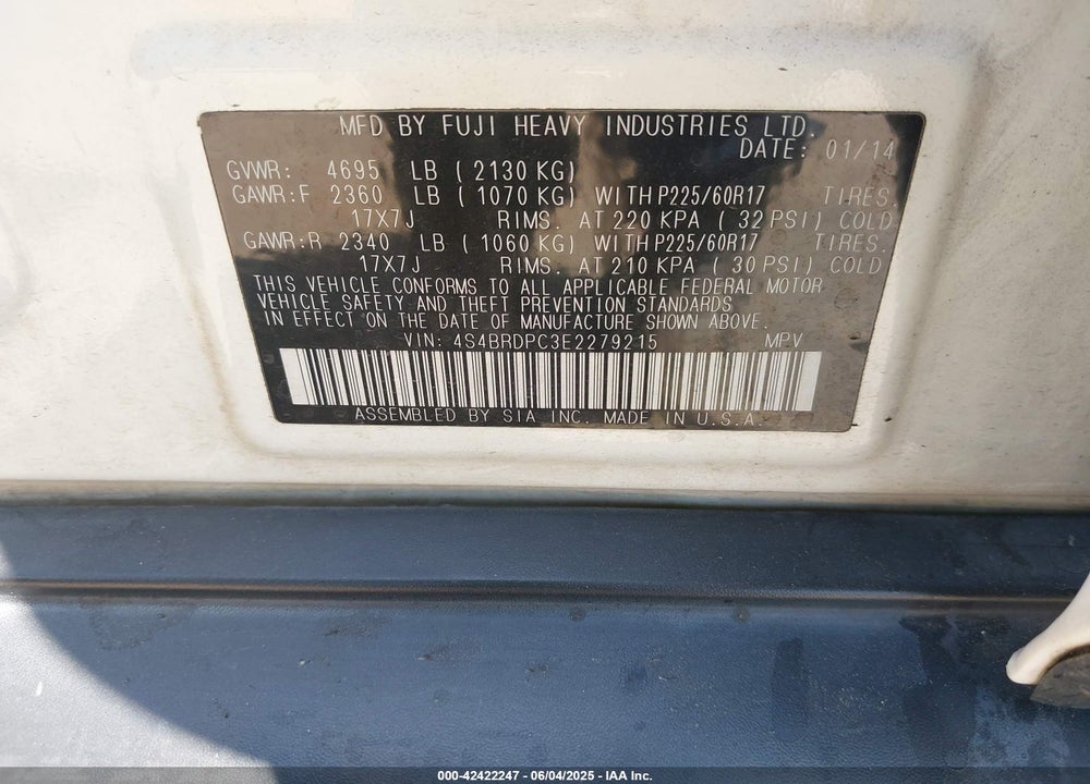 2014 SUBARU OUTBACK VIN: 4S4BRDPC3E2279215