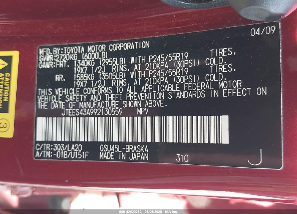 2009 TOYOTA HIGHLANDER SPORT VIN: JTEES43A992130559