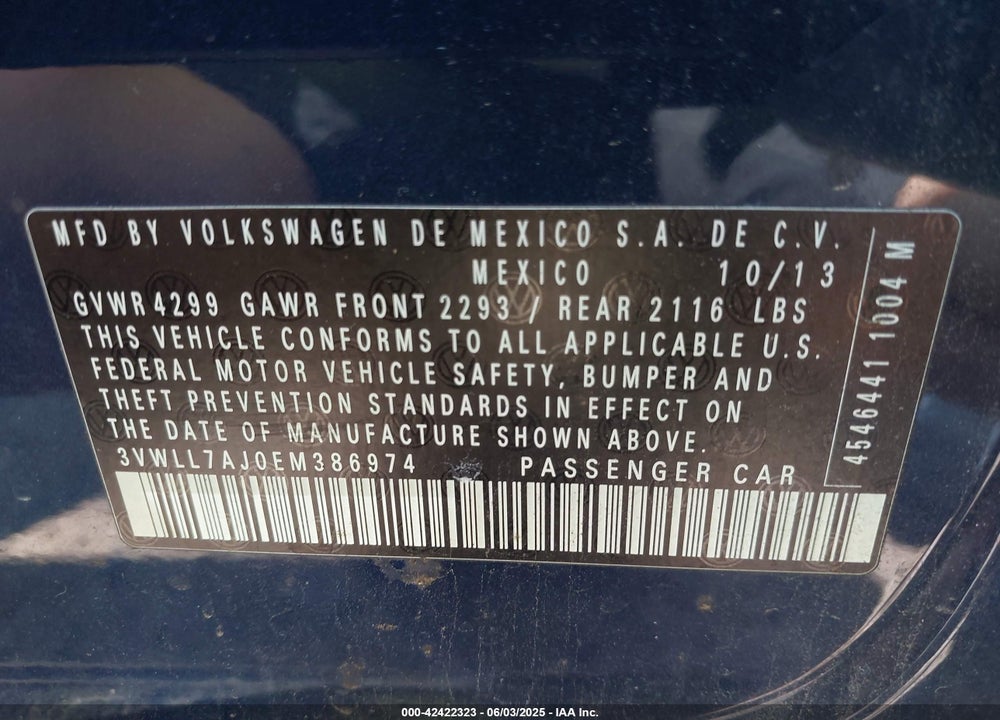 2014 VOLKSWAGEN JETTA VIN: 3VWLL7AJ0EM386974