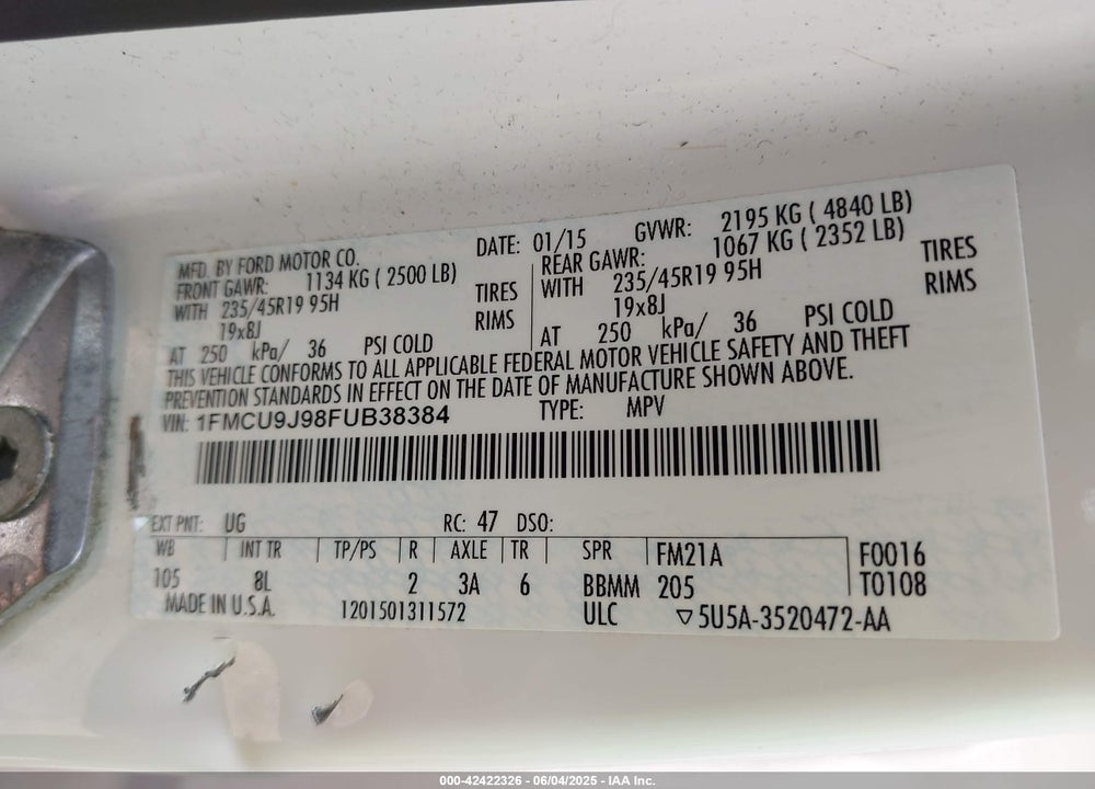 2015 FORD ESCAPE VIN: 1FMCU9J98FUB38384