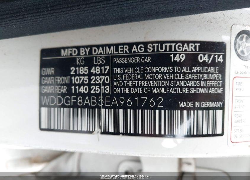 2014 MERCEDES-BENZ C CLASS VIN: WDDGF8AB5EA961762