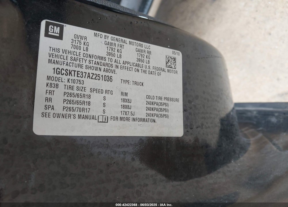 2010 CHEVROLET SILVERADO 1500 VIN: 1GCSKTE37AZ251036