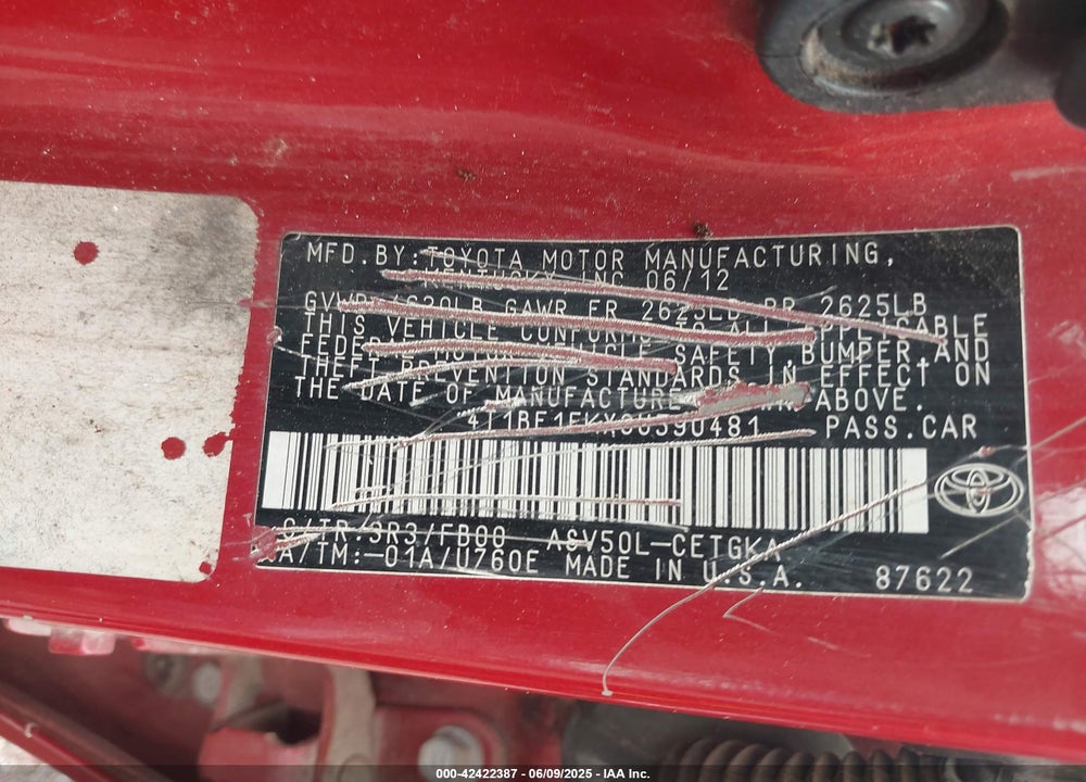 2012 TOYOTA CAMRY XLE VIN: 4T1BF1FKXCU590481