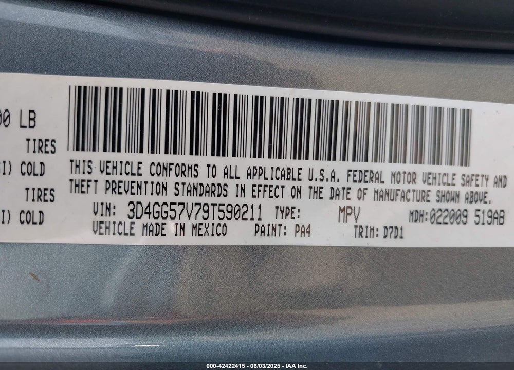 2009 DODGE JOURNEY VIN: 3D4GG57V79T590211