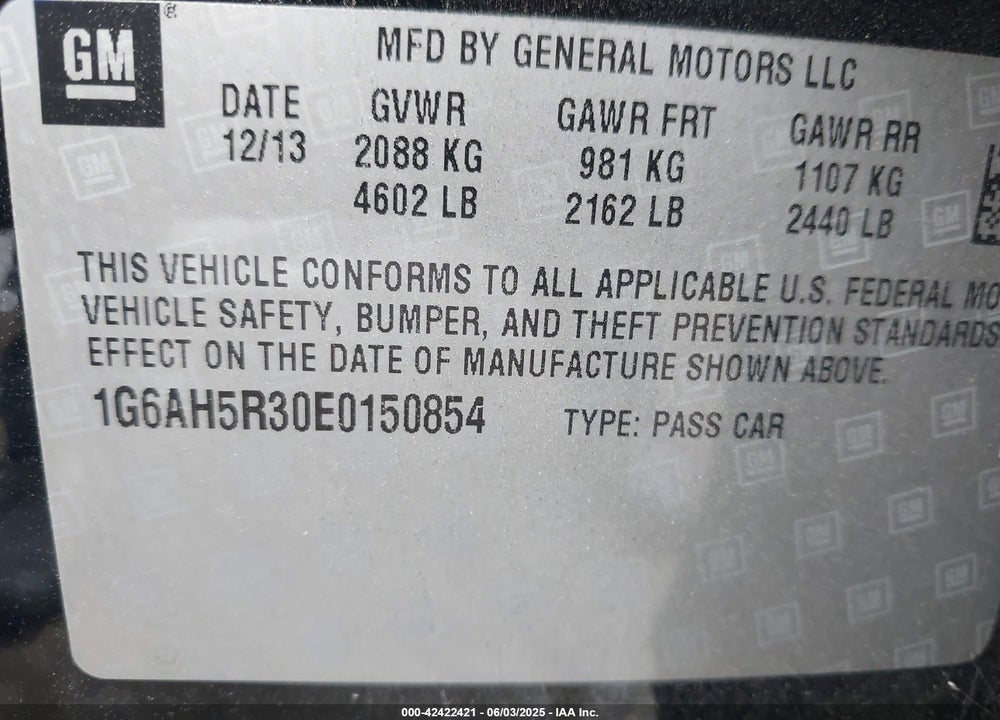 2014 CADILLAC ATS VIN: 1G6AH5R30E0150854