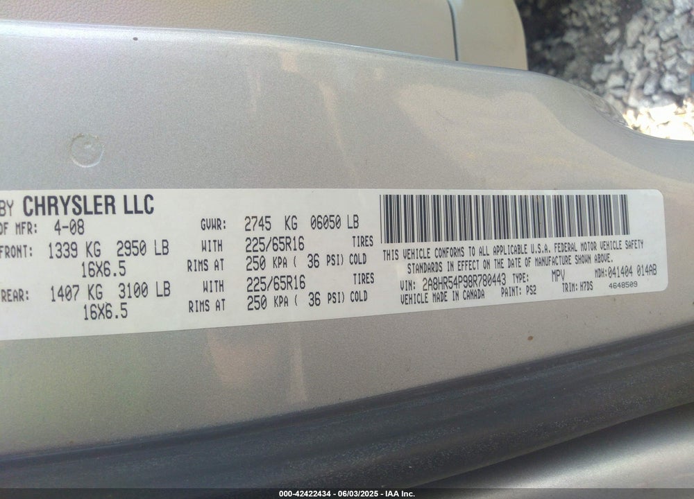 2008 CHRYSLER TOWN & COUNTRY VIN: 2A8HR54P98R780443
