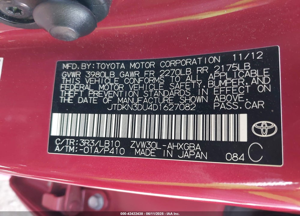 2013 TOYOTA PRIUS FOUR VIN: JTDKN3DU4D1627082