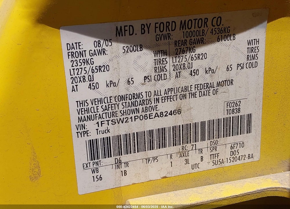 2006 FORD F-250 LARIAT/XL/XLT VIN: 1FTSW21P06EA82466