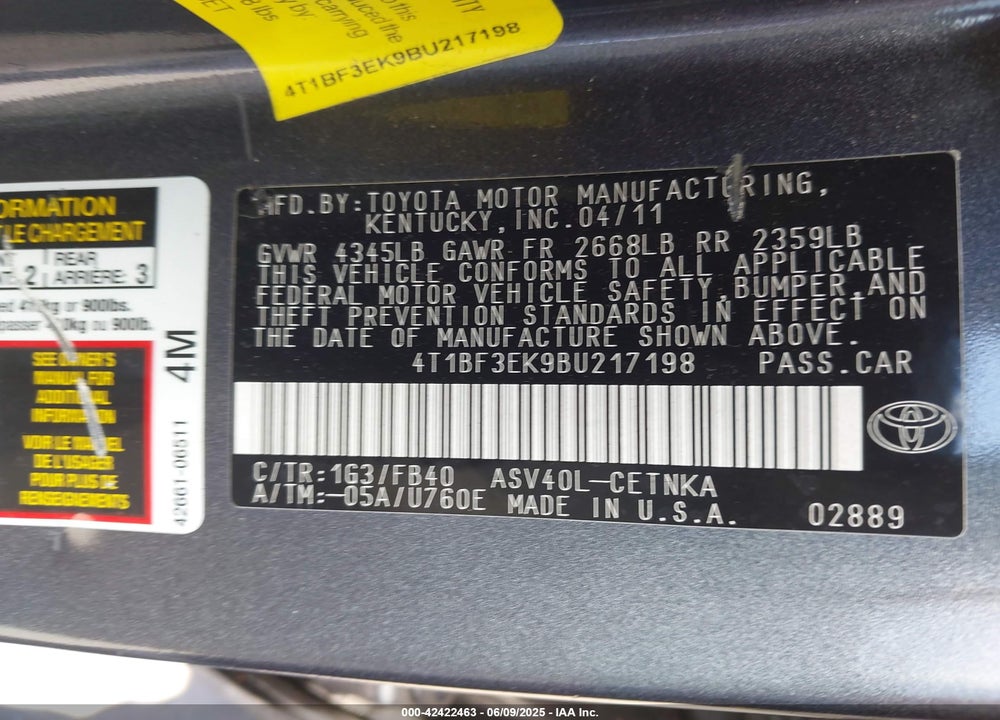 2011 TOYOTA CAMRY VIN: 4T1BF3EK9BU217198