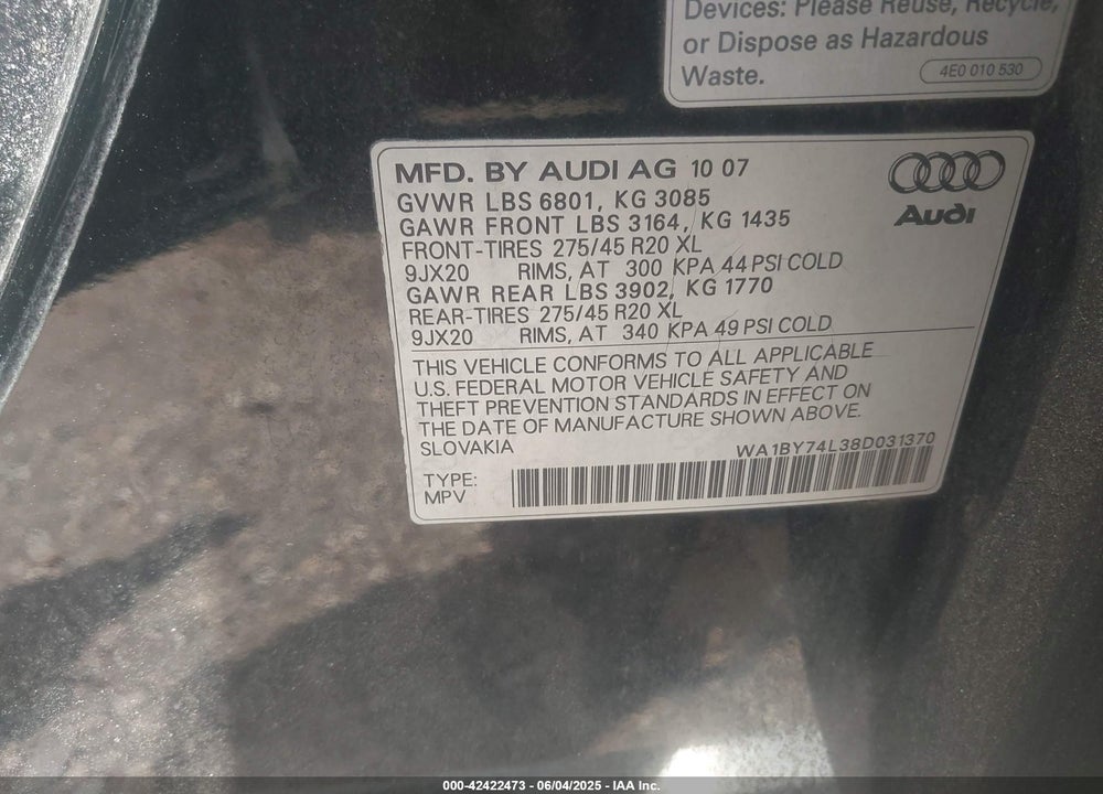 2008 AUDI Q7 3.6 PREMIUM VIN: WA1BY74L38D031370