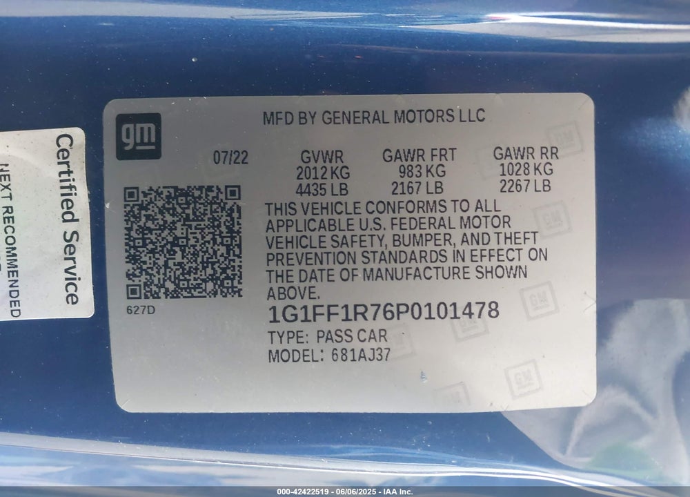 2023 CHEVROLET CAMARO VIN: 1G1FF1R76P0101478
