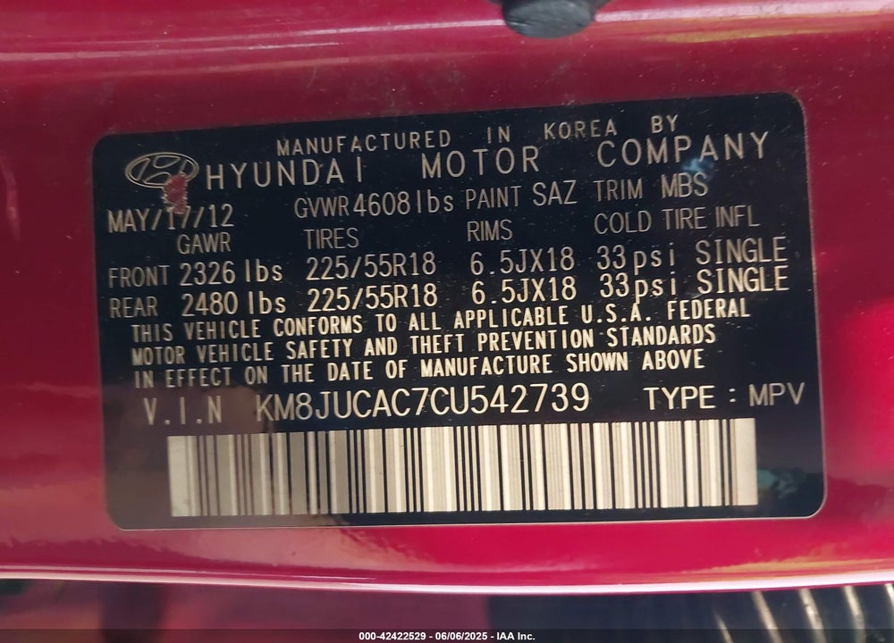 2012 HYUNDAI TUCSON LIMITED VIN: KM8JUCAC7CU542739