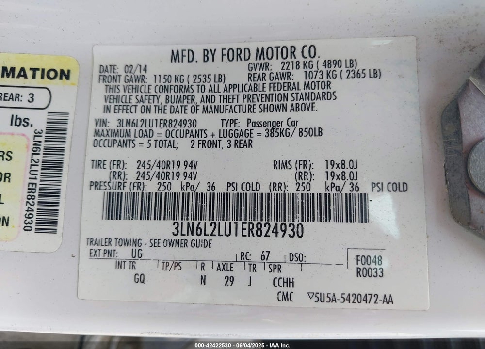 2014 LINCOLN MKZ HYBRID VIN: 3LN6L2LU1ER824930