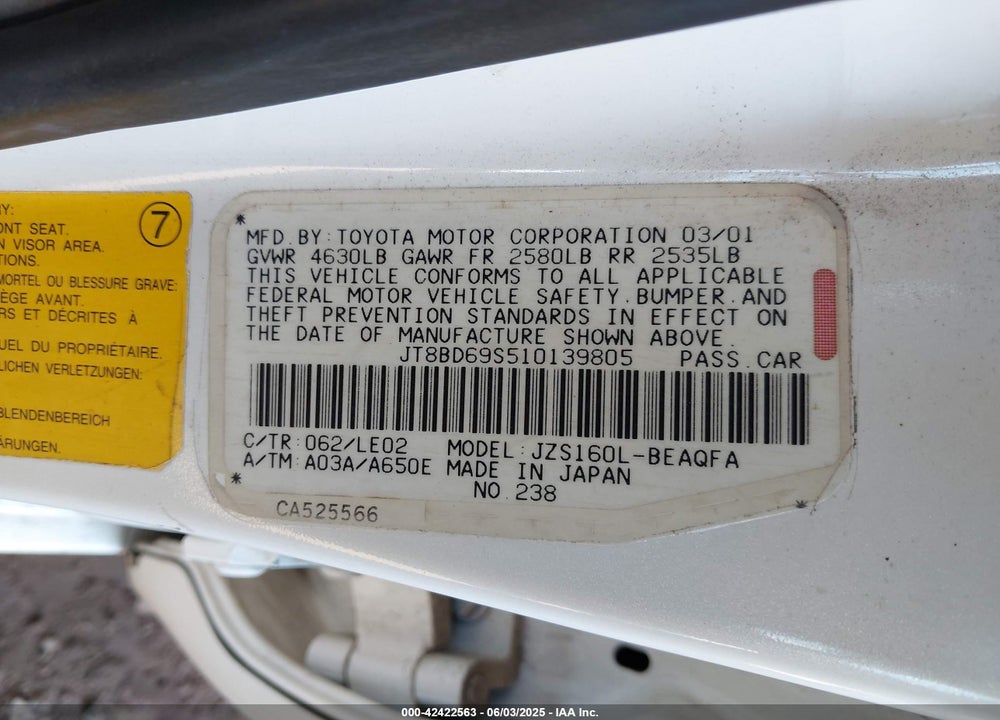 2001 LEXUS GS 300 VIN: JT8BD69S510139805