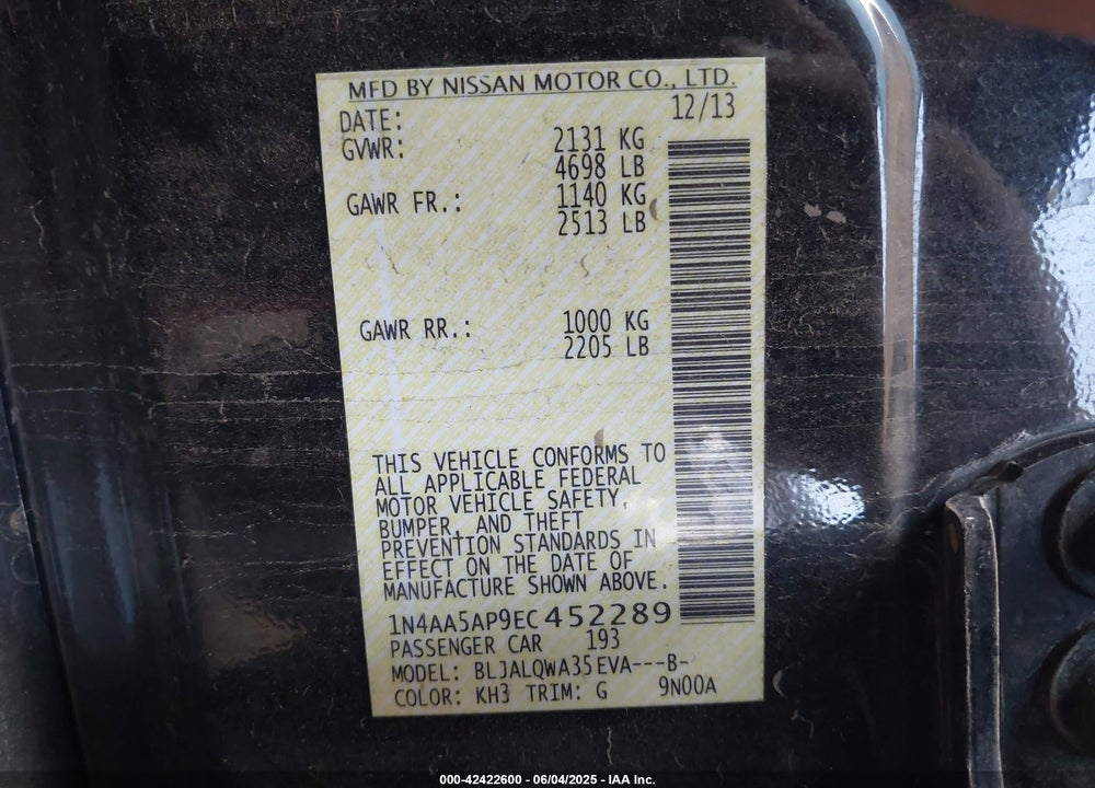 2014 NISSAN MAXIMA VIN: 1N4AA5AP9EC452289