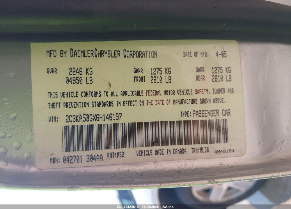 2006 DODGE MAGNUM VIN: 2D4FV47V96H442769