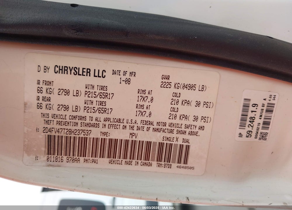 2008 DODGE MAGNUM VIN: 2D4FV47T28H237537