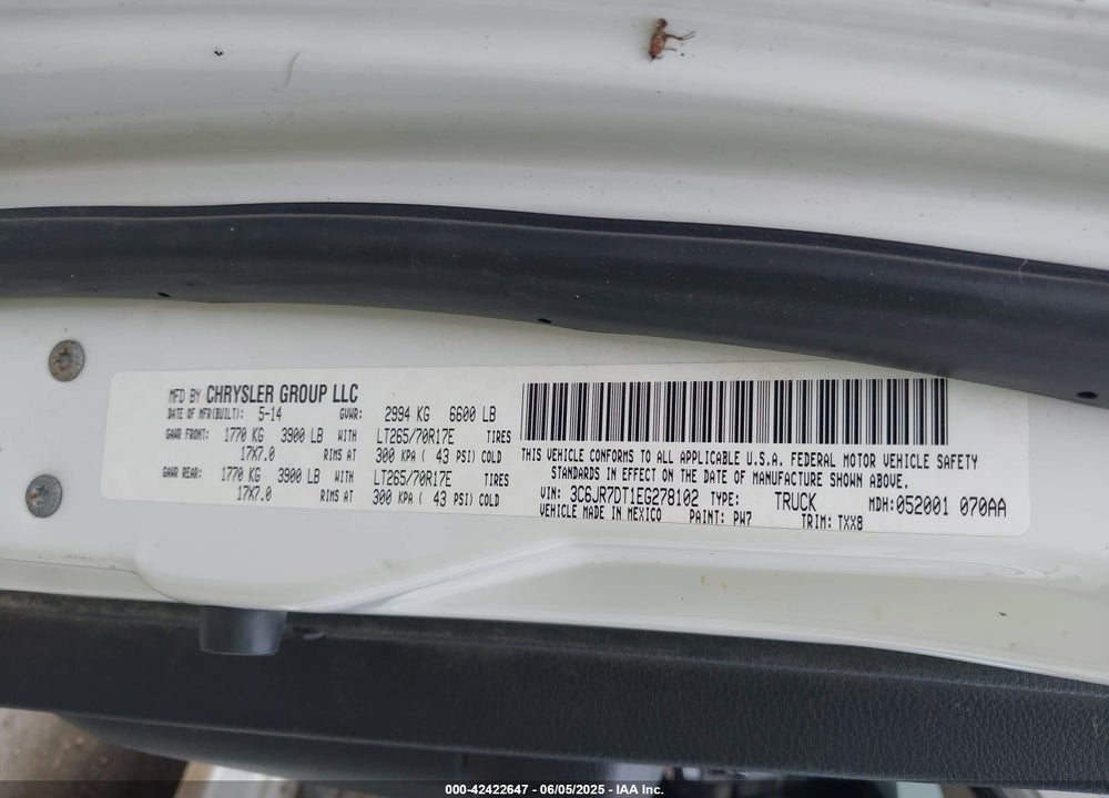 2014 RAM 1500 VIN: 3C6JR7DT1EG278102