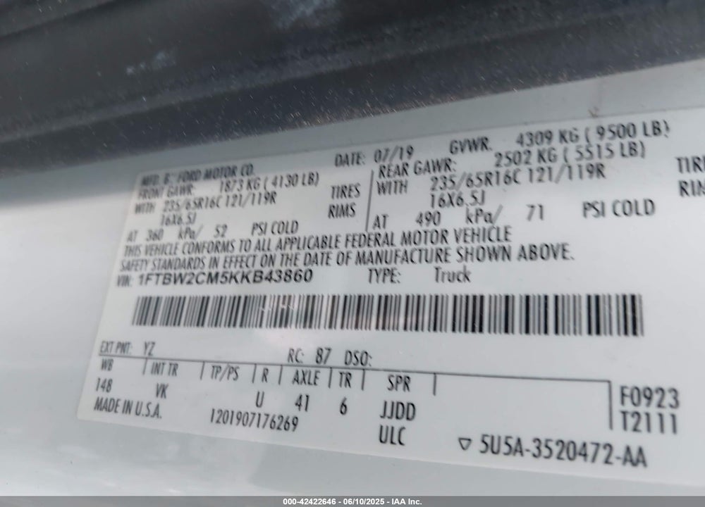 2019 FORD TRANSIT-350 VIN: 1FTBW2CM5KKB43860