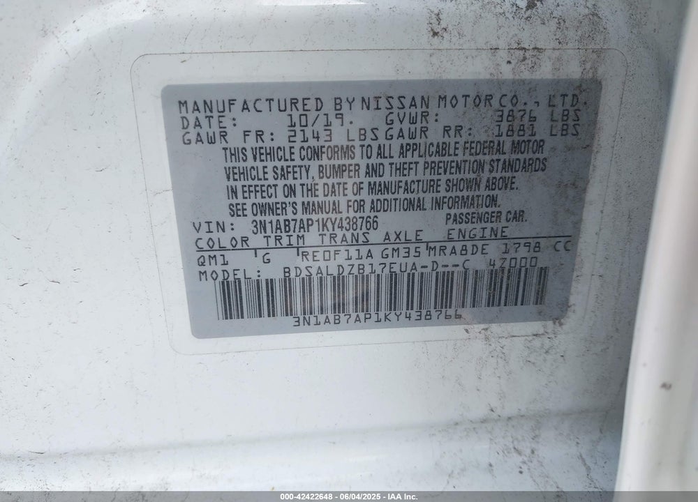 2019 NISSAN SENTRA VIN: 3N1AB7AP1KY438766