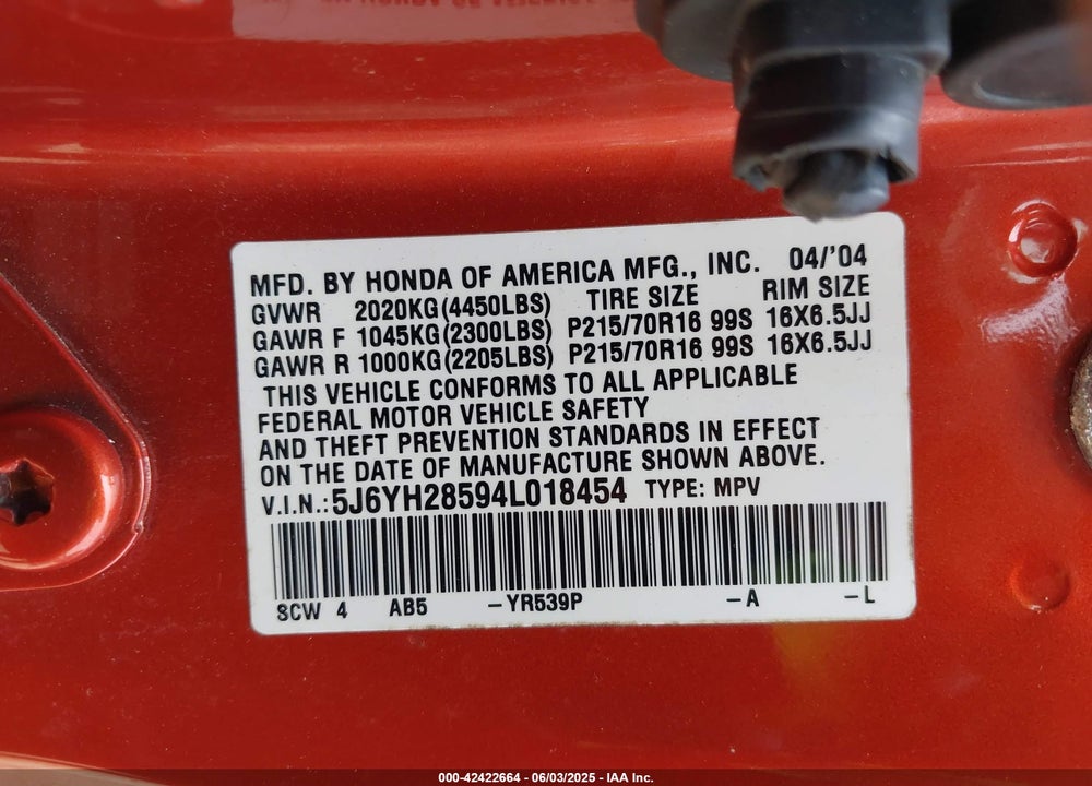 2004 HONDA ELEMENT VIN: 5J6YH28594L018454