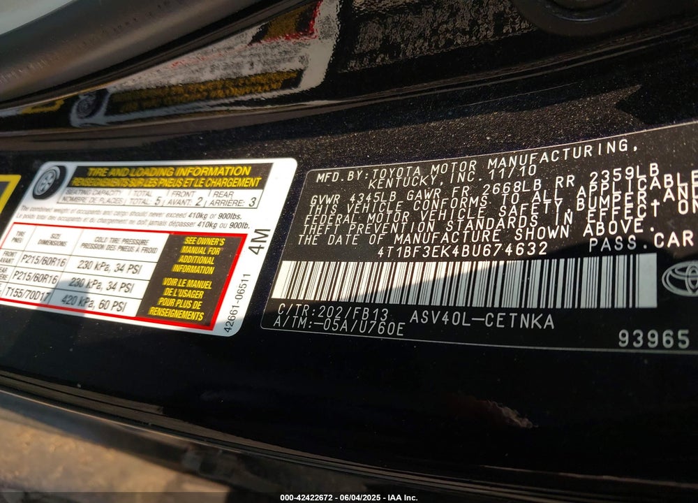 2011 TOYOTA CAMRY VIN: 4T1BF3EK4BU674632