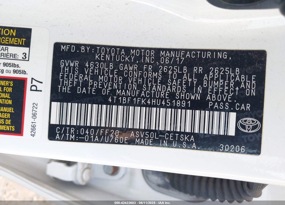 2017 TOYOTA CAMRY VIN: 4T1BF1FK4HU451891
