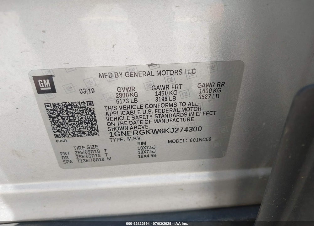 2019 CHEVROLET TRAVERSE 1LT VIN: 1GNERGKW6KJ274300