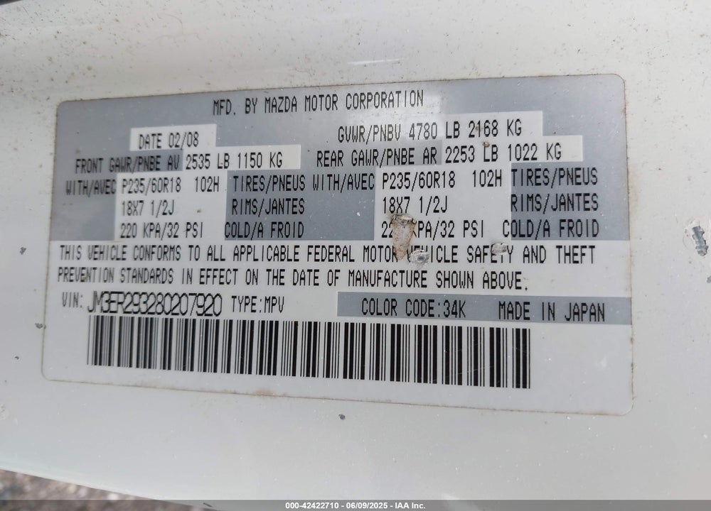 2008 MAZDA CX-7 SPORT VIN: JM3ER293280207920