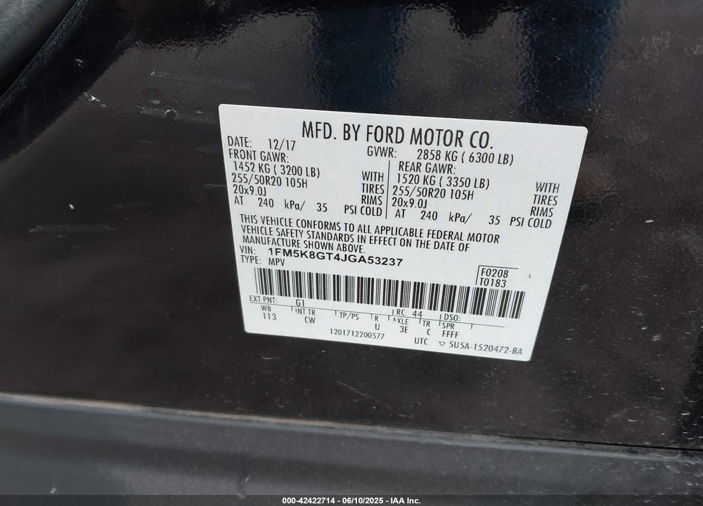 2018 FORD EXPLORER SPORT VIN: 1FM5K8GT4JGA53237
