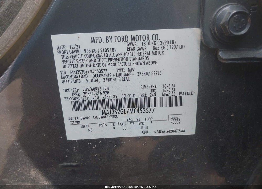 2021 FORD ECOSPORT SE VIN: MAJ3S2GE7MC453577