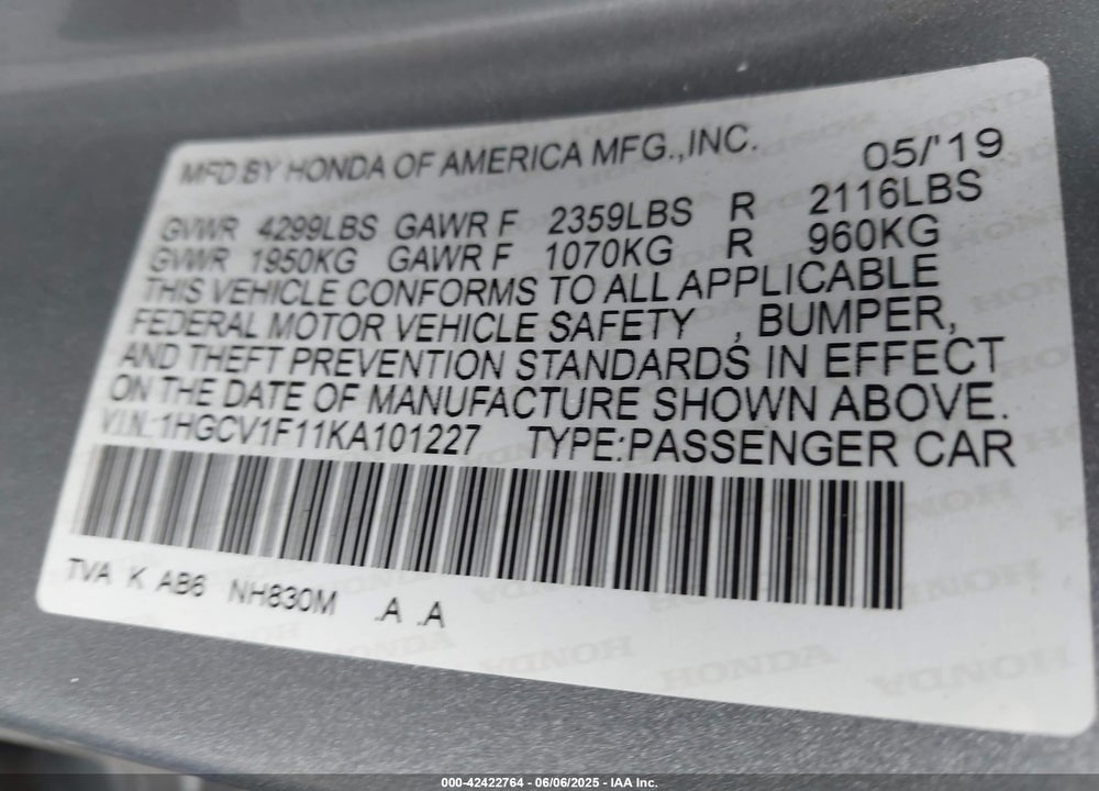 2019 HONDA ACCORD VIN: 1HGCV1F11KA101227