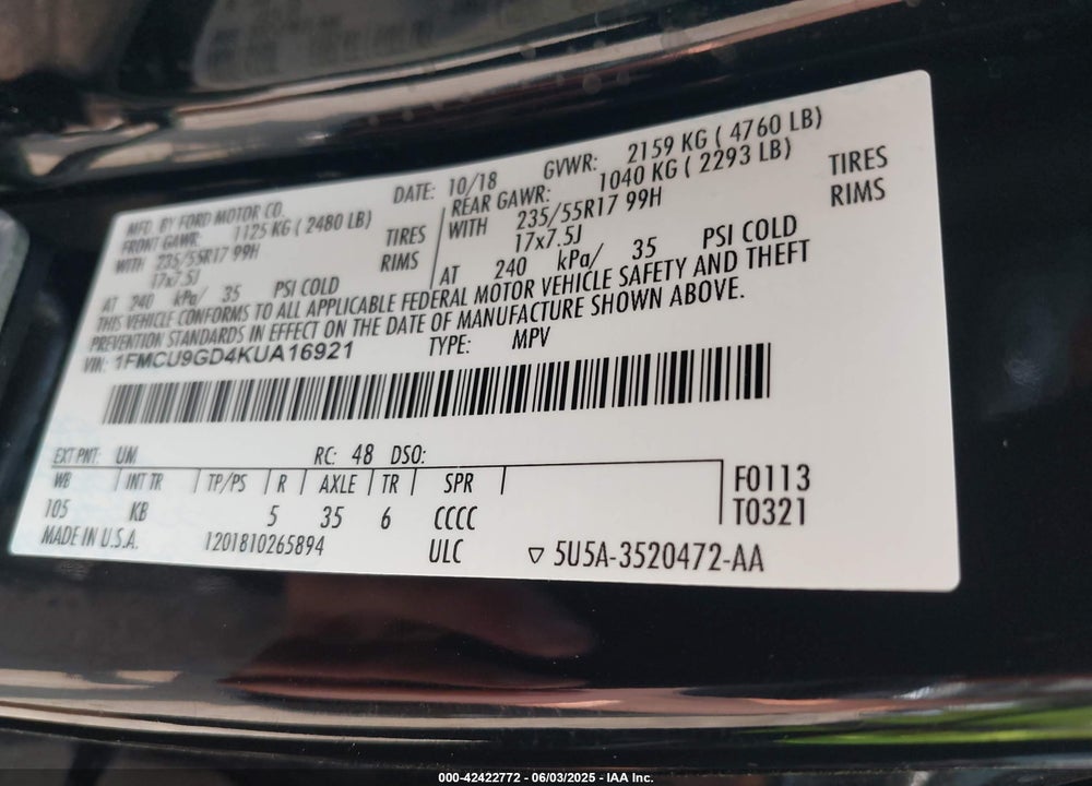 2019 FORD ESCAPE VIN: 1FMCU9GD4KUA16921