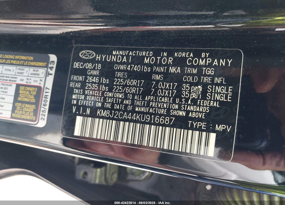 2019 HYUNDAI TUCSON VIN: KM8J2CA44KU916687