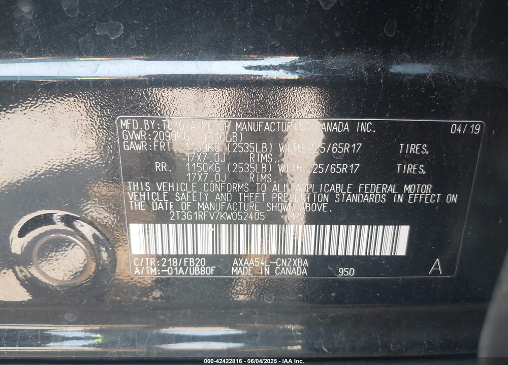 2019 TOYOTA RAV4 VIN: 2T3G1RFV7KW052405