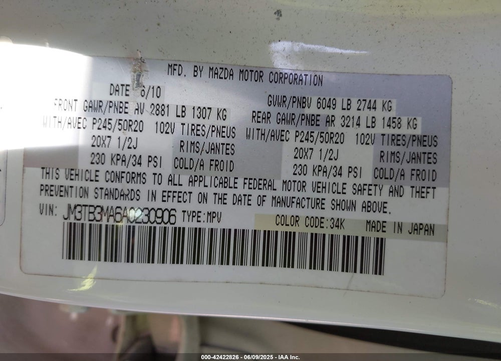 2010 MAZDA CX-9 VIN: JM3TB3MA6A0230906