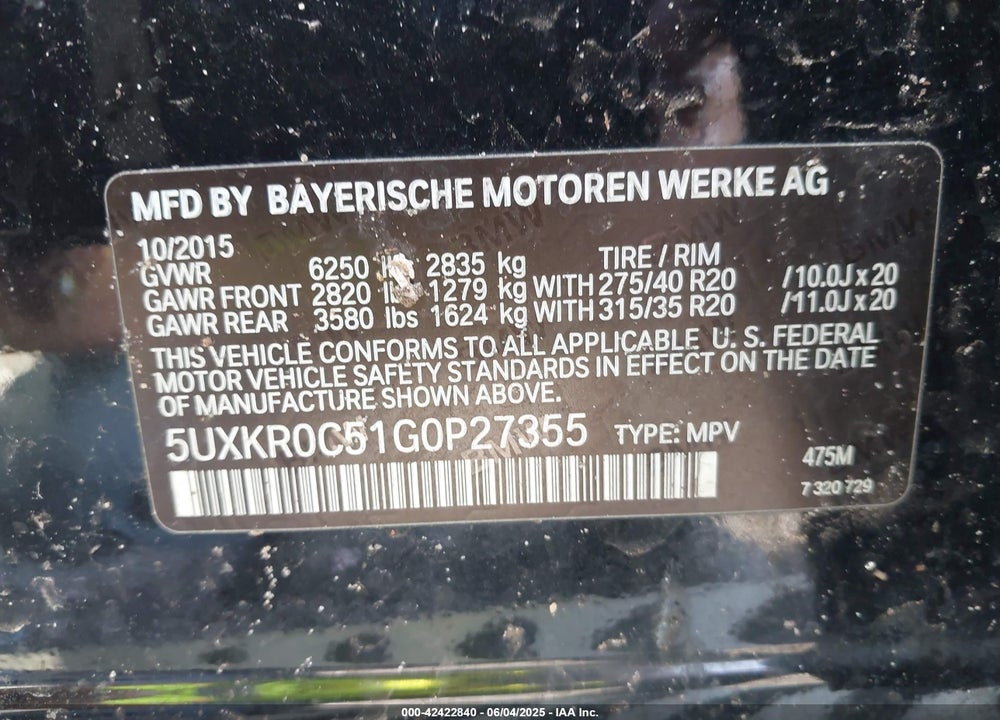 2016 BMW X5 VIN: 5UXKR0C51G0P27355